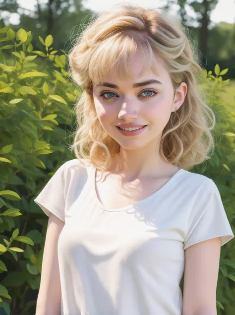 (full colour) portrait of Imgnpts walking in the park. mature woman, white tee-shirt, Bright smile. Natural, realistic, (colour:1) photograph, Nikon Z9, Canon 5d, RAW photo, (high detailed skin:1.2), 8k uhd, dslr, soft lighting, high quality, film grain, Fujifilm XT3.