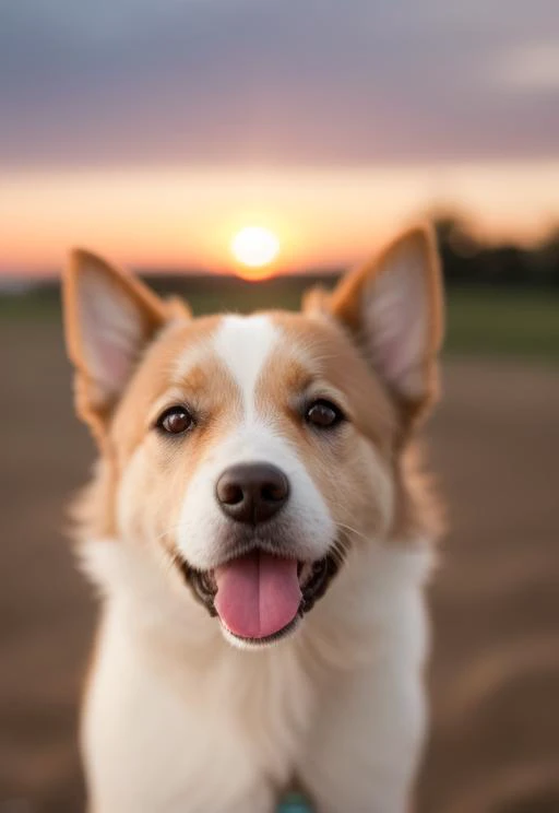 Close-up photo of a happy dog's face, sunset, 80mm, f/1.8, dof, bokeh, depth of field, subsurface scattering, stippling