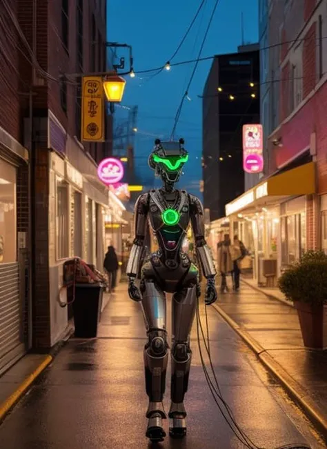 [award winning photo portrait of a afgan girl standing outside a rainy city street:award winning photo of a chrome boston dynamics robot, cables, lights neon:0.31]