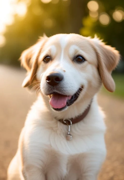 Close-up photo of a happy dog's face, sunset, 80mm, f/1.8, dof, bokeh, depth of field, subsurface scattering, stippling