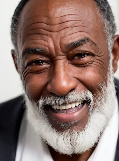 portrait of an old man with dark skin, (many wrinkles on his face), (smiling mouth), (smiling mouth), close-up with extreme detail, extremely detailed skin, photo taken with style high art