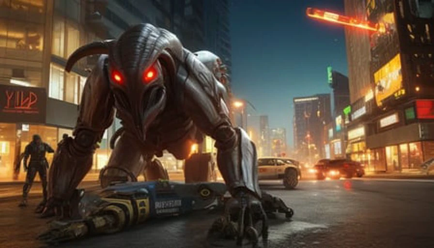 Robot fighting with Predator Alien, hyper realistic, (on cityscape), night sky, police car arround, high detailed, best quality,unreal engine 4