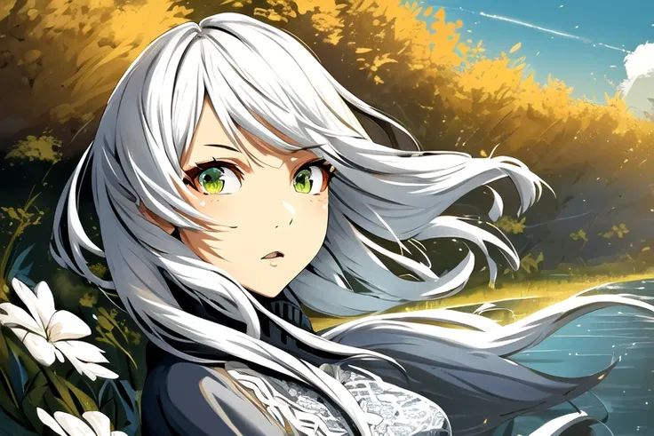 belko style, (junc style:1, junc:1), 1girl, white hair, green eyes, small breasts, long hair, looking at viewer, outside, flowers, sunlight, portrait,river, expansive sky, highly detailed background, ultra detailed illustration, masterpiece, best quality, lace turtleneck dress