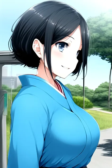 ishikei style,  portrait, (solo), light skin, day time,girl, medium breasts, short hair ,(Black hair) afro twin tail, ,  plump,Light Blue cargo pants, Light Red kimono, side view, kind smile,bus stop, outdoors highly detailed background, ultra detailed illustration, masterpiece, best quality