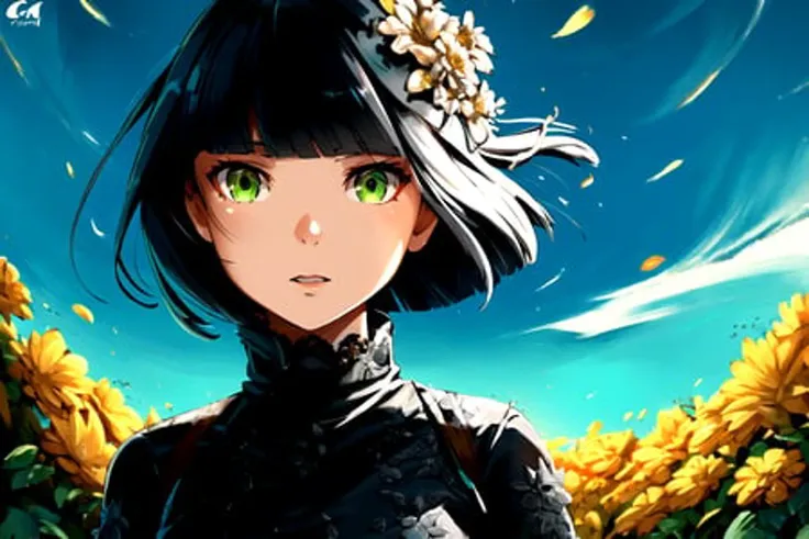 belko style, (junc style:1, junc:1), 1girl, black hair, green eyes, small breasts, short hair, blunt bangs, bob cut, looking at viewer, outside, flowers, sunlight, portrait,river, expansive sky, highly detailed background, ultra detailed illustration, masterpiece, best quality, lace turtleneck dress