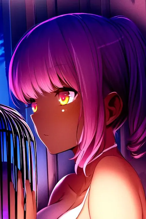 mdastarou style,  portrait, (solo), dark skinned:1.3), night time, dark,mature woman, large breasts, short hair ,(Purple hair) twintails, ,  ,Light Yellow skort, Neon Pink backless shirt, side view, lonely,inside of a birdcage, bird cage highly detailed background, ultra detailed illustration, masterpiece, best quality