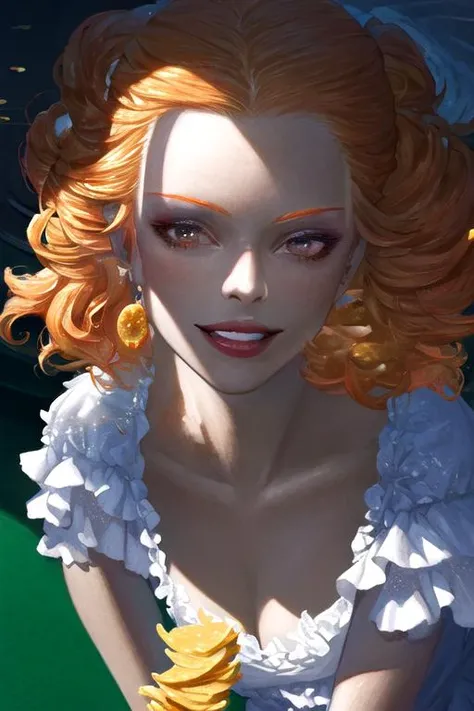 fengweic style, portrait, (solo), brown skin:1.3), day time,girl, small breasts, medium hair ,(Light Orange hair) french braid, , ,Light Yellow frilly dress, Dark Red pantyhose, looking at viewer, kind smile,casino, casino chips, casino games highly detailed background, ultra detailed illustration, masterpiece, best quality