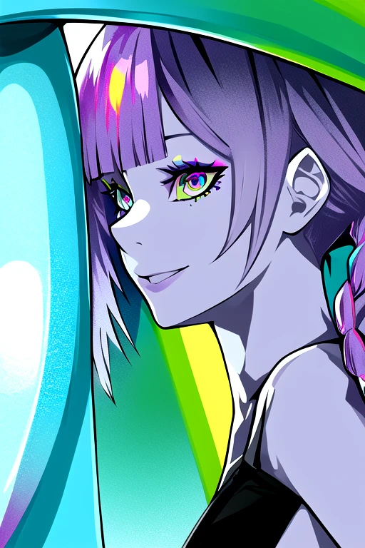 lam style, portrait, (solo), light skin, day time,girl, medium breasts, extra short hair ,(Light Purple hair) multiple braids, , ,Light Black harem pants, Light Yellow tube top, side view, kind smile,water park, water slide highly detailed background, ultra detailed illustration, masterpiece, best quality