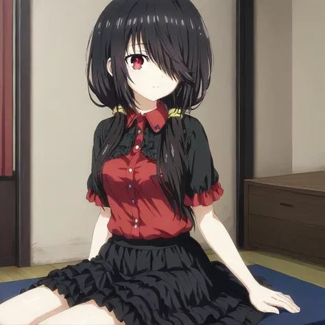 1girl, red eyes, hair over one eye, black hair, twintail, breast, red shirt, plated skirt, black shirt, sitting, room background