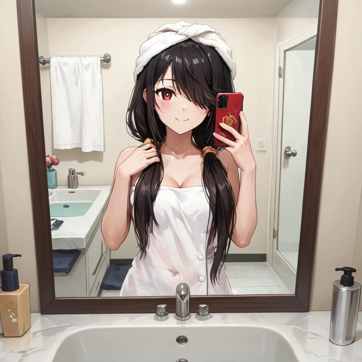 score_9, score_8_up, score_7_up, score_6_up, score_5_up, score_4_up, , scenery, masterpiece, best quality, very aesthetic,
, <lora:Kurumi_Tokisaki:0.8>,black hair,, red eye, long hair, twintails, hair over one eye, yellow eye, clock eye ,breast, HDA_SelfieAfterShowerXL
