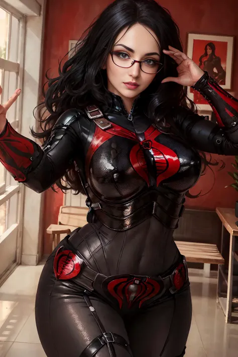 ((masterpiece)), realistic, ((highly detailed:1.3)), baroness, perfect female body, beautiful face, beautiful eyes, perfect hands, ((red background)), indoors , dynamic pose, dynamic angle, <lora:Baroness_MK1:1>
