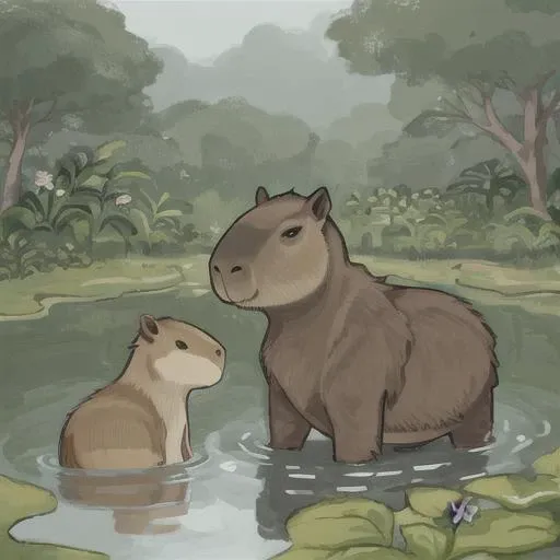 <lora:drawthiere-26:0.85> drawthiere, <lora:capi-09:0.5> capybara, pond, (swamp:0.9)