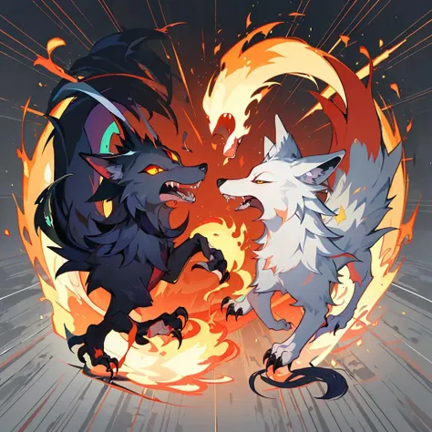 (masterpiece:1.3),(best quality:1.2),8k,absurdres,unity 8k wallpapper,(extremely detailed:1.3),highestres,
duality_yin_yang, open mouth, simple background, tail, full body, yellow eyes, teeth, tongue, signature, grey background, looking at another, from side, pokemon (creature), no humans, fangs, fire, sharp teeth, claws, eye contact, flame,1fox,1wolf,
<lora:duality_yin_yang-10:0.8>