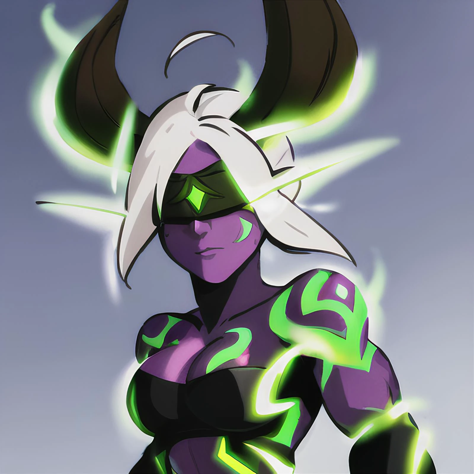 glowing green eyes, glowing green eyes through blindfold, blindfold, wings, horns, muscular, glowing eyes, tattoo, warcraft, world of warcraft, 1girl,( thin:1.2) ,high quality, face paint, 1girl, illidari, looking to the side, athletic, particles, volumetric lighting, best quality, masterpiece, simple background, dark background, outline, __emotion__ , <lora:sxzIllidariDemonHunters_sxzDH:0.7> <hypernet:Toru8pWavenChibi_wavenchibiV10b:0.7>