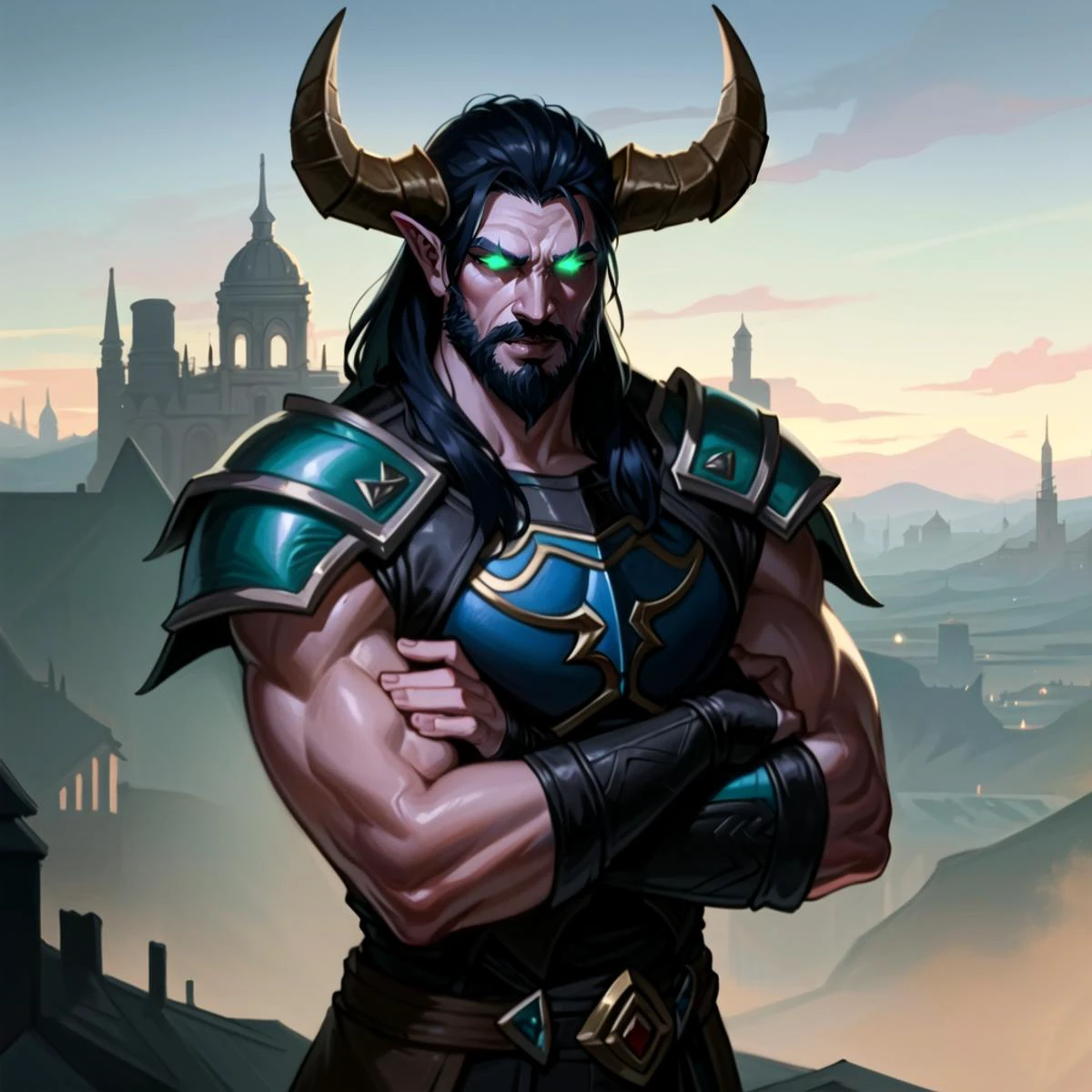 Ilidari, realistic, upper_body, (stubble:1.1), 1boy, mature_male, solo, (arms_crossed:1.2), looking_at_viewer, from_above, town, (horns:1.1), male_focus, medium_hair, beard, black hair, (purple skin:1.1), night elf \(warcraft\), (glowing_eyes, green_eyes:1.2), (leather_armor:1.4), night, dim_light, fantasy, medieval, town background, highres, high_quality, masterpiece, by Greg Rutkowski. <lora:sxzIllidariDemonHunters_sxzDH:0.65><hypernet:onePieceWanoStyle_wanostyle20:1.0>