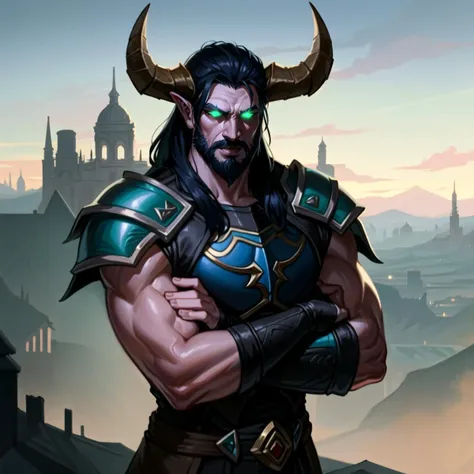 Ilidari, realistic, upper_body, (stubble:1.1), 1boy, mature_male, solo, (arms_crossed:1.2), looking_at_viewer, from_above, town, (horns:1.1), male_focus, medium_hair, beard, black hair, (purple skin:1.1), night elf \(warcraft\), (glowing_eyes, green_eyes:1.2), (leather_armor:1.4), night, dim_light, fantasy, medieval, town background, highres, high_quality, masterpiece, by Greg Rutkowski.  <lora:sxzIllidariDemonHunters_sxzDH:0.65><hypernet:onePieceWanoStyle_wanostyle20:1.0>