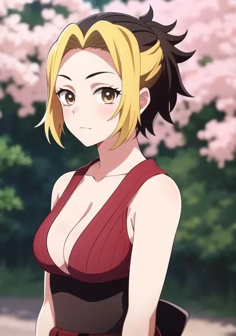 <lora:Makio:0.6>, makio, 1girl, solo, looking at viewer, short hair, blonde hair, black hair, cleavage, brown eyes, medium breasts, closed mouth, collarbone, upper body, outdoors, sleeveless, blurry, blurry background, dyed bangs