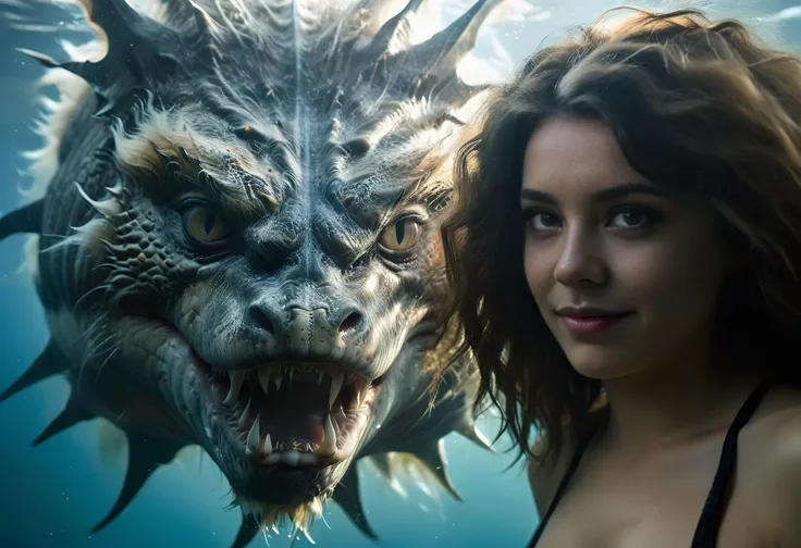 fmb Split Diopter style, Closeup Portrait underwater In deep sea, A busty adult brunette blushed lightly Smiling pureerosface_v1 Mermaid with Long DARK fishtail, thin face, Freckles, infront of a giant Anglerfish Monster, Overgrown, mystic, ethereal, darkness, atmospheric haze, Film grain, cinematic film still, shallow depth of field, highly detailed, high budget, cinemascope, moody, epic, OverallDetail, 2000s vintage RAW photo, photorealistic, candid camera, color graded cinematic, eye catchlights, atmospheric lighting, imperfections, natural, shallow dof <lora:Split Diopter style:0.3> <lora:[XL]å·¨å½æ»å:0.8> <lora:Blade Runner Style:1.2> <lora:sli-v1:0.6> <lora:Mythical_Beasts:0.6>  <lora:SDXL_under_water_Sa_May:0.2>