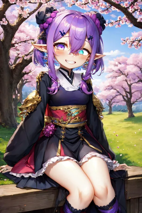 1girl, medium breasts, pointy ears, dusk, scrunchie, hair between eyes, purple hair, (no eyes:1.3401),, tribal, evil grin, school, sakura, cherry blossoms, japanese highschool, outdoors, sitting, exceptional, best quality
BREAK
(exceptional, best aesthetic, new, newest, best quality, masterpiece, extremely detailed, anime, waifu:1.2)