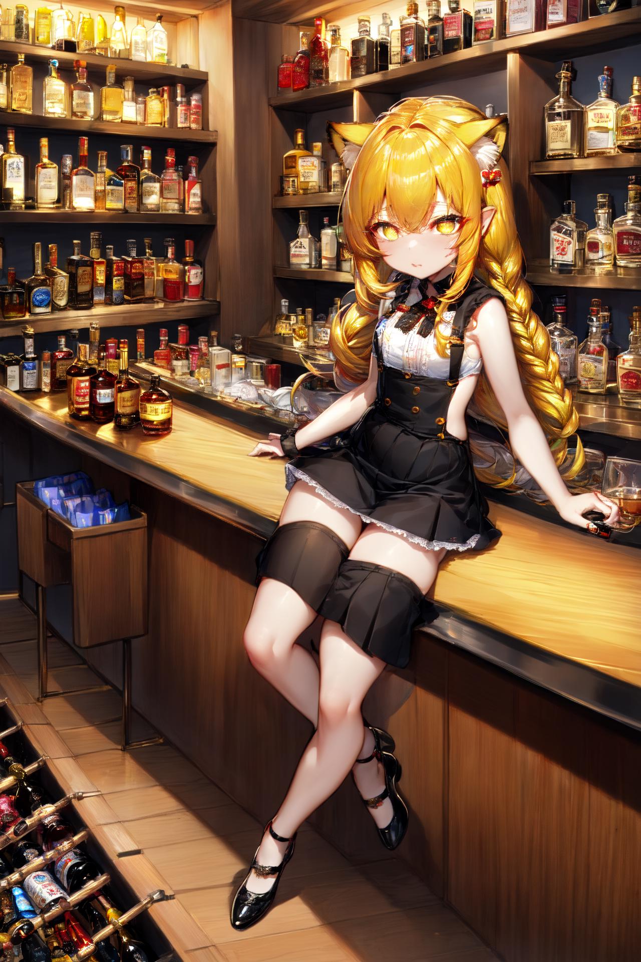 Anime girl sitting on a bar with bottles of alcohol in the background ...