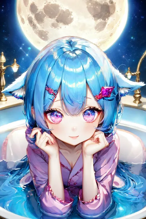 1girl, medium breasts, fake animal ears, full moon, hairclip, antenna hair, blue hair, beautiful detailed eyes, (blue eyes:7:1.21551), jewel-like eyes,(pink eye:3:1.47746),, tripe pajamas, o3o, bath tub, bathtub, head rest, exceptional, best quality
BREAK
(exceptional, best aesthetic, new, newest, best quality, masterpiece, extremely detailed, anime, waifu:1.2)