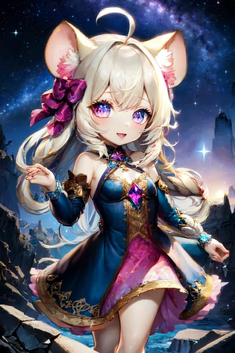 1girl, medium breasts, mouse ears, starry sky, hair ribbon, antenna hair, pale blonde hair, (two-tone hair:1.55133), beautiful detailed eyes, (blue eyes:7:1.21551), jewel-like eyes,(pink eye:3:1.47746),, stripes dress, :<>, rubble ruins, (crossed legs:1.27628), (standing:1.47746),, exceptional, best quality
BREAK
(exceptional, best aesthetic, new, newest, best quality, masterpiece, extremely detailed, anime, waifu:1.2)