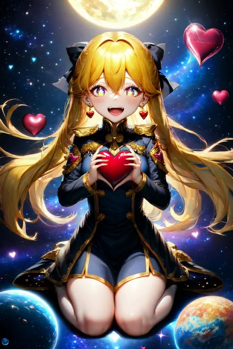 1girl, medium breasts, heart earrings, outdoors, hair bow, hair between eyes, (yellow hair:1.05),, (heart-shaped pupils:1.3401),, soldier uniform, screaming, space, outer space, planets, sun, moon, galaxy, stars, floating in space, kneeling, exceptional, best quality
BREAK
(exceptional, best aesthetic, new, newest, best quality, masterpiece, extremely detailed, anime, waifu:1.2)