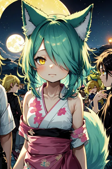 1girl, medium breasts, wolf ears, moonlight, spiked hair, hair over one eye, aqua hair, saturated yellow eyes, beautiful detailed pink yukata, japanese print,  party, neon lights, multiple girls, multiple boys, crowd
BREAK
(exceptional, best aesthetic, new, newest, best quality, masterpiece, extremely detailed, anime, waifu:1.2)