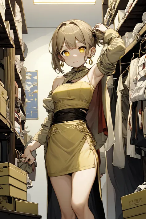 1girl, medium breasts, hoop earrings, desert, half updo, comb over, light brown hair, saturated yellow eyes, torn clothes,  closet, cardboard boxes, clothes, hung up clothes, hangers
BREAK
(exceptional, best aesthetic, new, newest, best quality, masterpiece, extremely detailed, anime, waifu:1.2)