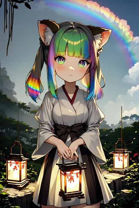 1girl, medium breasts, ferret ears, ruins, scrunchie, blunt bangs, (pastel rainbow hair:1.27628),, dark sepia eyes, wafuku,  outdoors, lantern festival, summer festival
BREAK
(exceptional, best aesthetic, new, newest, best quality, masterpiece, extremely detailed, anime, waifu:1.2)