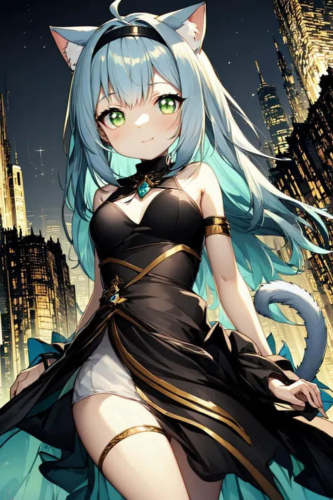 1girl, medium breasts, cat tail, (top of building:1.47746),, hairband, huge ahoge, (silver blue hair:1.3401),, light green eyes, bandeau,  fantasy city, night,unexplored region,dynamic angle, Underworld,
BREAK
(exceptional, best aesthetic, new, newest, best quality, masterpiece, extremely detailed, anime, waifu:1.2)