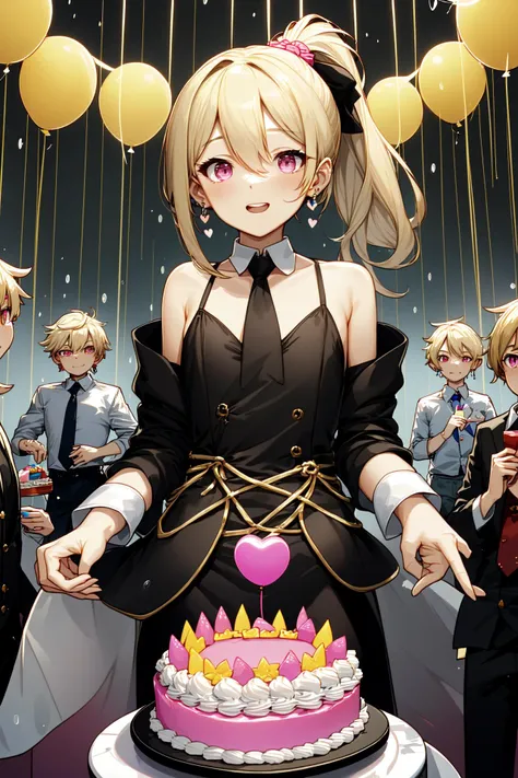 1girl, medium breasts, heart earrings, rain, ponytail, hair slicked back, pale blonde hair, dark pink eyes, suit, pants,  indoors, party, balloons, streamers, confetti, giant cake, happy birthday sign, multiple people, multiple girls, multiple boys, crowd
BREAK
(exceptional, best aesthetic, new, newest, best quality, masterpiece, extremely detailed, anime, waifu:1.2)