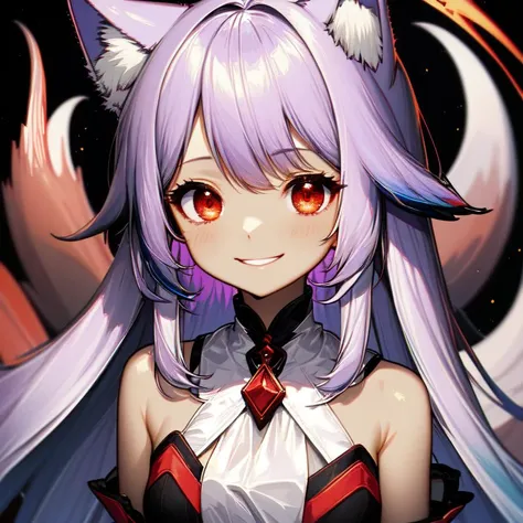 1girl, fox girl, light purple hair, multicolored hair, smile, portrait, looking at viewer, red eyes, (dark skin:0.8), simple background, very long hair
BREAK
(exceptional, best aesthetic, new, newest, best quality, masterpiece, extremely detailed, anime, waifu:1.2)