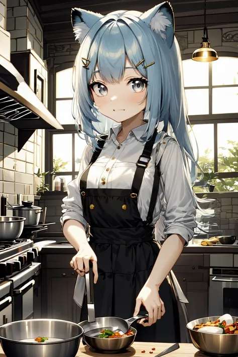 1girl, medium breasts, tiger ears, sky, hairpin, huge ahoge, (silver blue hair:1.3401),, dark grey eyes, suspender skirt,  indoors, kitchen, pots, pans, knives, cutlery, silverware
BREAK
(exceptional, best aesthetic, new, newest, best quality, masterpiece, extremely detailed, anime, waifu:1.2)