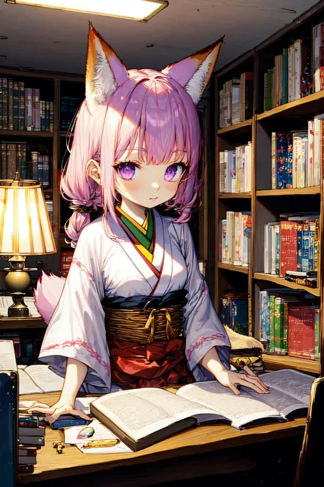 1girl, medium breasts, fox tail, arcade game, tri braids, parted bangs, pink hair, desaturated purple eyes, beautiful detailed kimono, japanese pattern print, floral print, :), indoors, office, desk lamp, desk, books, computer, (indian style:1.27628),
BREAK
(exceptional, best aesthetic, new, newest, best quality, masterpiece, extremely detailed, anime, waifu:1.2)