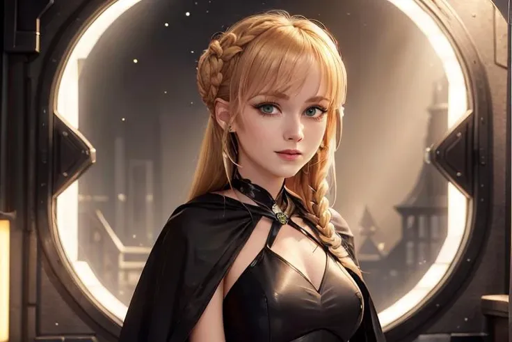 photo of a gentle woman with blonde hair standing in a spaceship, window, stars, metal walls, slight smile, mist, green eyes, braids, black cloak, black dress, mini buns, space background, cowboy shot <lora:soultideMist_v10:0.6> <lora:VersaDolls_v1:0.4>