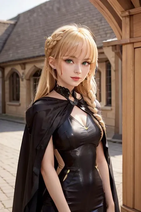 photo of a gentle woman with blonde hair standing in a town square, medieval, marketplace, outdoors, slight smile,golden ratio, mist, green eyes, braids, black cloak, black dress, mini buns, town background <lora:soultideMist_v10:0.6> <lora:VersaDolls_v1:0.4>