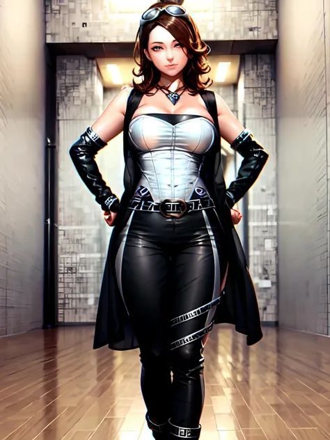 (extremely detailed CG), (best quality), 1girl, perfect face,  shiny skin, lustrous skin, wide hips,narrow waist,   <lora:EscapeBuster-10v2:0.7> EscapeBuster, pants, boots,goggles on head,belt, brown hair, jewelry, necklace, gloves, elbow gloves, fingerless gloves, eyewear on head, brown eyes, indoors,  blushed,  large breast, hands on hips, seductive smile,