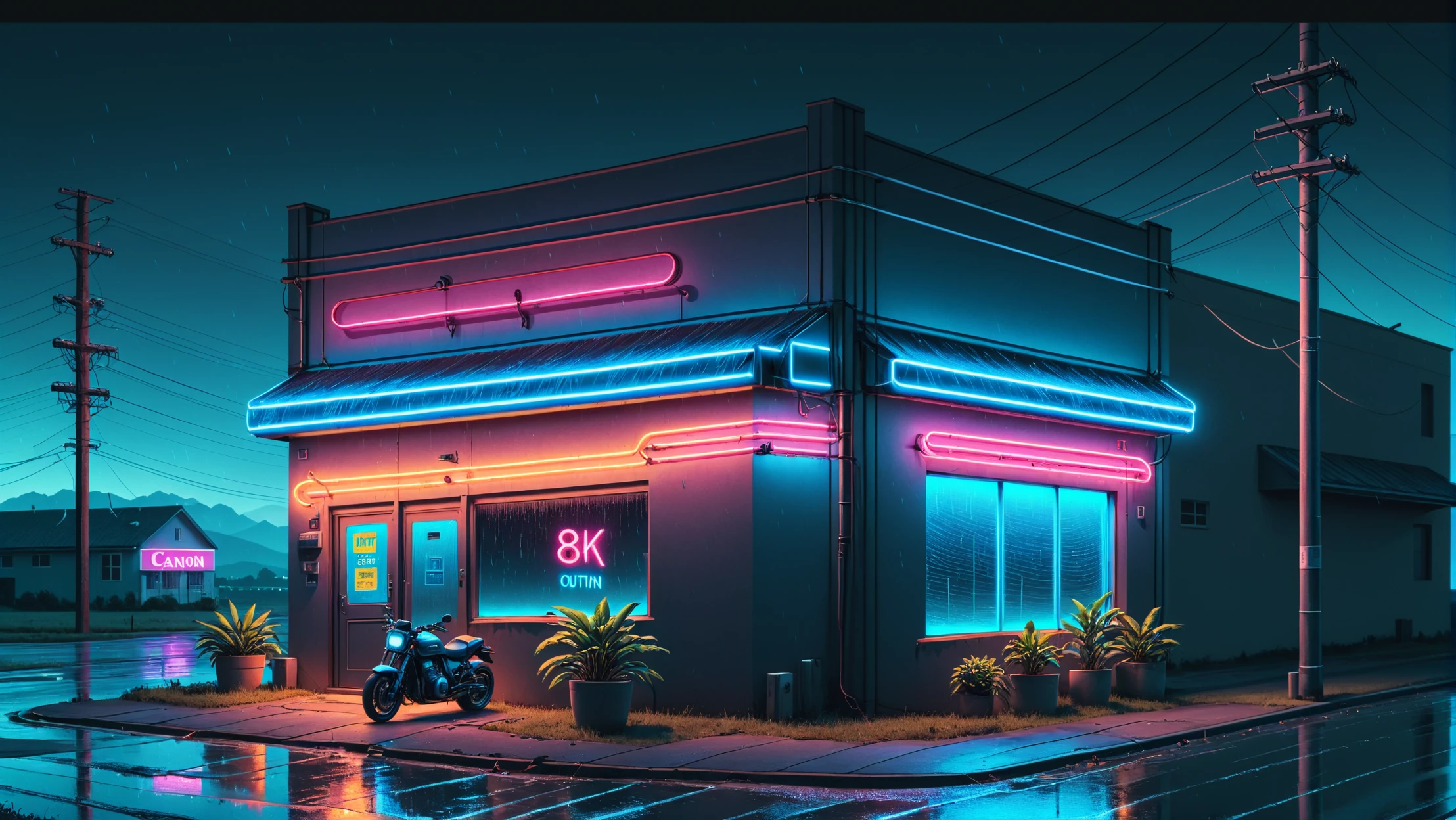(text logo, CIVIT AI, text logo, blue, 80s, neon,) neon sign, neon sign with text in window, motorcycle, no humans, outdoors, power lines, Modern style architecture, blue theme, minimalistic, rain, utility pole, ground vehicle, plant, scenery, road, building, window, dusk, night sky, high detailed, 8k, outrun, electric light wires, ultra sharp, extremely detailed, Photorealistic, Canon EOS Mark IV , wallpaper fusion, Wave Art Style, <lora:WallpaperFusionXL:0.3>, <lora:WaveArtXL:0.5>, <lora:Harrlogos_v1.1:1>
