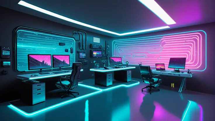 Star Trek Cyberpunk themed futuristic minimalistic Holodeck office interior with neon track lighting, holographic, music vibes, soft blue gradient, small yellow ceiling lights, gradient yellow white blue theme, floating chair, floating holograms, table, metal box, scenery, floating holo desk, mesh neon ball, white halo lamp, wireless, futuristic computer, blade runner hologram, floating transparent screen, studio lighting, award winning desktop wallpaper, rembrandt lighting, LUT like a , wide shot, wallpaper fusion, Wave Art Style, holo-punk style, <lora:WallpaperFusionXL:0.2>, <lora:WaveArtXL:0.5>, <lora:HoloPunkXL:0.4>