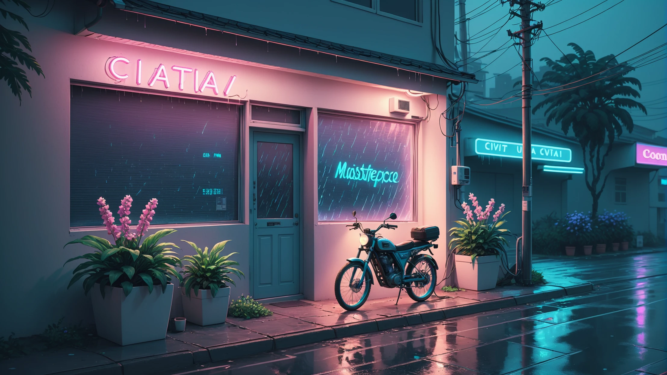 wallpaper fusion, masterpiece, official art, Wave Art Style, (masterpiece, best quality, ultra-detailed, highres), bicycle, no humans, outdoors, power lines, Modern style architecture, blue theme, minimalistic, vaporwave, Futuristic, Cyberpunk, rain, utility pole, ground vehicle, plant, scenery, road, street, building, potted plant, neon sign, CIVITAI text logo in window, window, flower, broken air conditioner, flower pot, dusk, night sky, high detailed, 8k, outrun, electric light wires, ultra sharp, extremely detailed, Photorealistic, Canon EOS Mark IV , <lora:WallpaperFusionXL:0.3>, <lora:WaveArtXL:0.5>