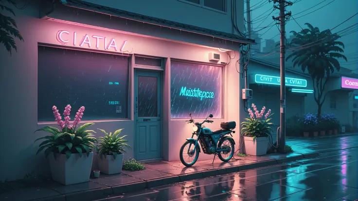 wallpaper fusion, masterpiece, official art, Wave Art Style, (masterpiece, best quality, ultra-detailed, highres), bicycle, no humans, outdoors, power lines, Modern style architecture, blue theme, minimalistic, vaporwave, Futuristic, Cyberpunk, rain, utility pole, ground vehicle, plant, scenery, road, street, building, potted plant, neon sign, CIVITAI text logo in window,  window, flower, broken air conditioner, flower pot, dusk, night sky, high detailed, 8k, outrun, electric light wires, ultra sharp, extremely detailed, Photorealistic, Canon EOS Mark IV , <lora:WallpaperFusionXL:0.3>, <lora:WaveArtXL:0.5>