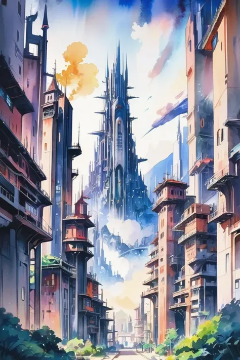 anime style watercolor, scifi Phantasmagoric,amazing fantasy city at the end of time<lora:EnvyAnimeWatercolorXL01:1>