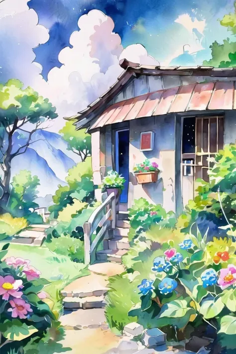 anime style watercolor, noon, blue sky, clouds, scenery, weird Visual Kei locker room in a Magical Spring Oasis<lora:EnvyAnimeWatercolorXL01:1>