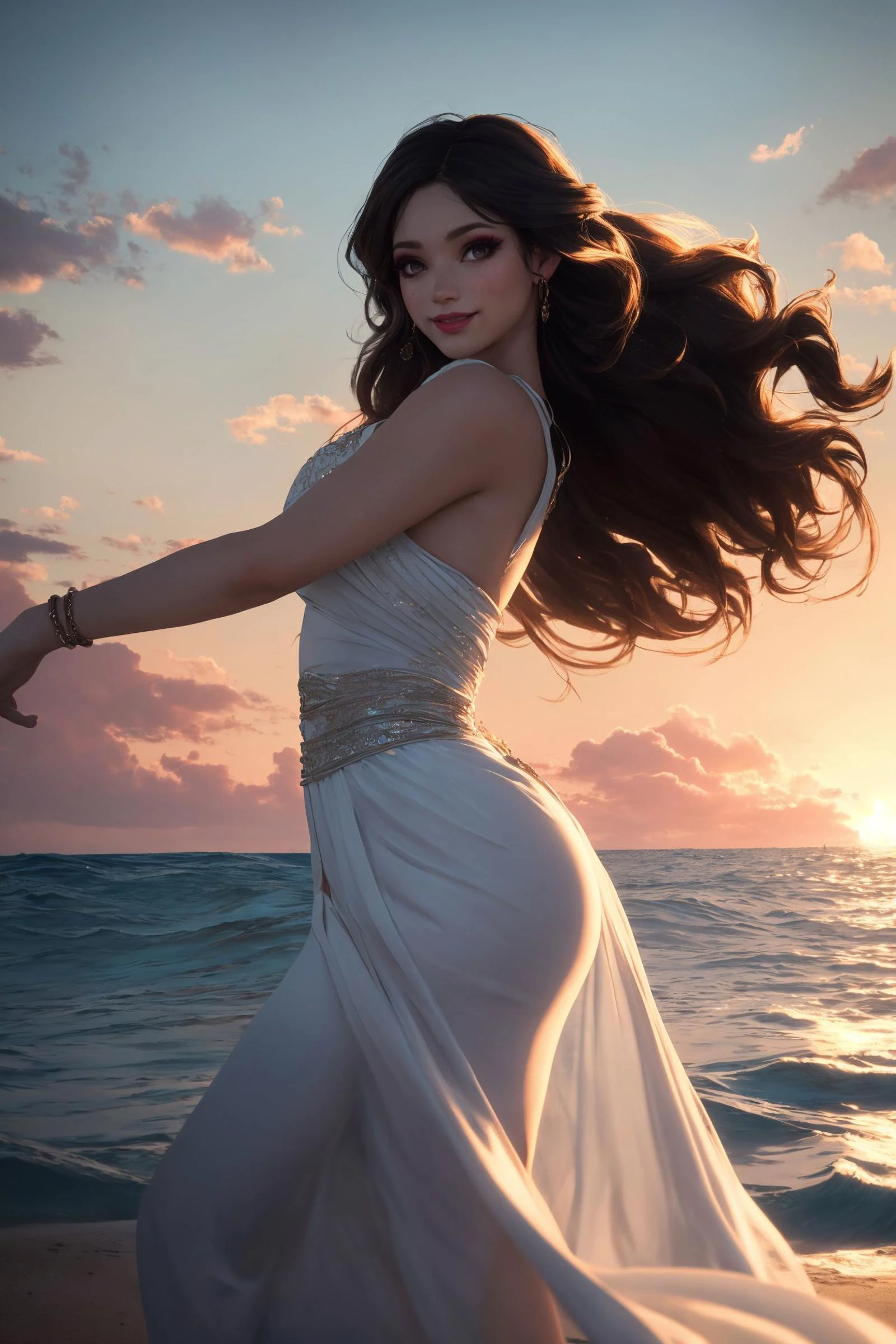 <lora:doa_nyotengu:0.6>,(a girl dancing on the sea:1.2),(standing on the water:1.2),white long dress,slender,temptation of the body,dancing,smile,damp hair,waves,spray,blue sky and white clouds,sunny day,(waves around the maiden:1.2),dance,(dancing:1.3),realistic,photography,, masterpiece,best quality,highly detailed,Amazing,finely detail,extremely detailed CG unity 8k wallpaper,score:>=60,, beautiful detailed eyes,Fine hair texture,, Cinematic Lighting,rim light,available light,light leaks,depth_of_field,blurry,, 1girl,solo,mature_female,adult,fair_skin,slender,glamor,curvy,oval face,black hair,long hair,makeup,brown eyes,slender_waist,