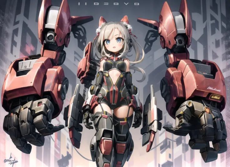 art by nanatsuta, realistic, 1girl, salmon hair, single hair bun, mecha_musume, with extremely large robotic hands, large mecha arm, tiny breasts, thick thighs <lora:large_mecha_arm_v1:1> <lora:nanatsuta-1740it-novae:1.3>