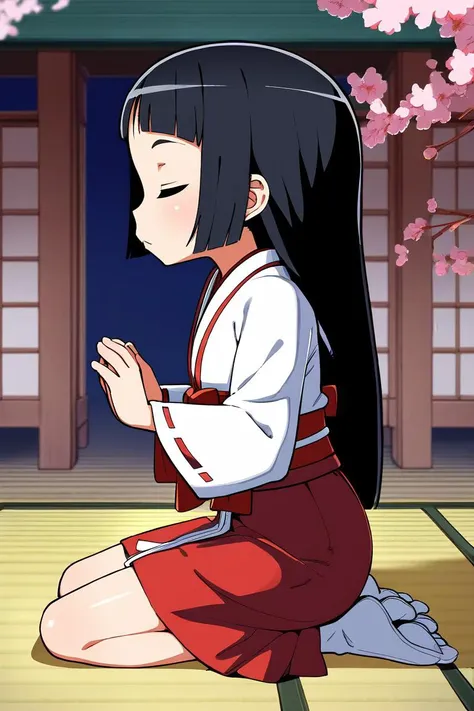 score_9, score_8_up, score_7_up, rating_safe BREAK
1girl, blunt bangs, forehead, extremely long hair, shiny black hair, closed eyes, flat chest, (praying), miko, red skirt, japanese clothes, tabi, on floor, (seiza), from side, full body, wide shot, shrine, cherry blossoms