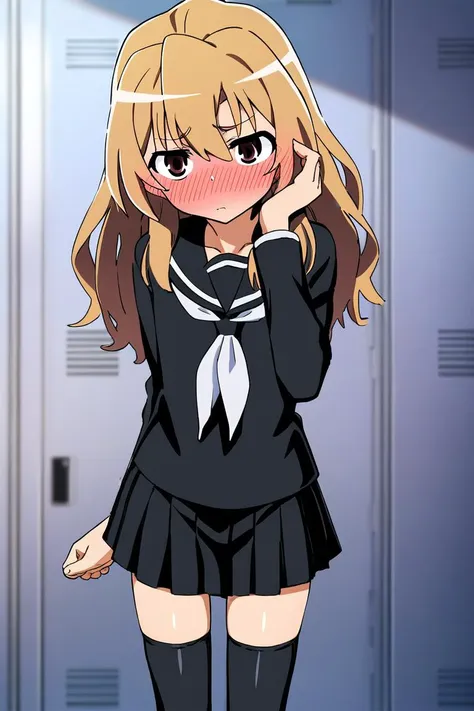 score_9, score_8_up, score_7_up, source_anime, rating_safe BREAK
1girl, aisaka taiga, brown eyes, looking away, shy, full face blush, blush lines, flat chest, black serafuku, black skirt, black shirt, black thighhighs, white neckerchief, (hand on own hair), perspective shot, detailed background, locker room