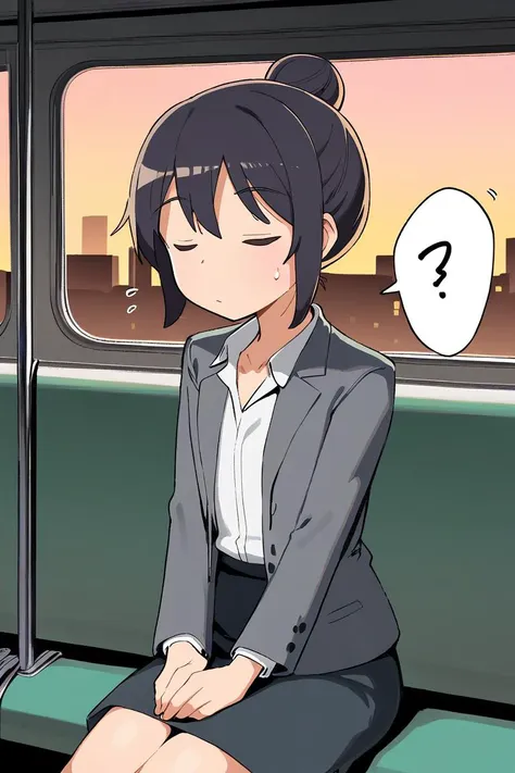 score_9, score_8_up, score_7_up, rating_safe BREAK
1girl, mature, flat chest, single hair bun, dark hair, closed eyes, sleepy, grey blazer, white shirt, formal suit, skirt, sitting, v arms, (spoken zzz:1.2), public train, train interior, city background, sunset