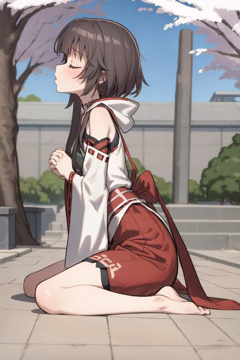 (sketch:1.25),
1girl, blunt bangs, forehead, extremely long hair, shiny black hair, closed eyes, flat chest
BREAK (praying:1.2), miko, long sleeves, red skirt, japanese clothes, tabi
BREAK on floor, (seiza), from side, full body, wide shot
BREAK detailed background, (outside:1.2), shrine, (cherry blossoms:1.1)